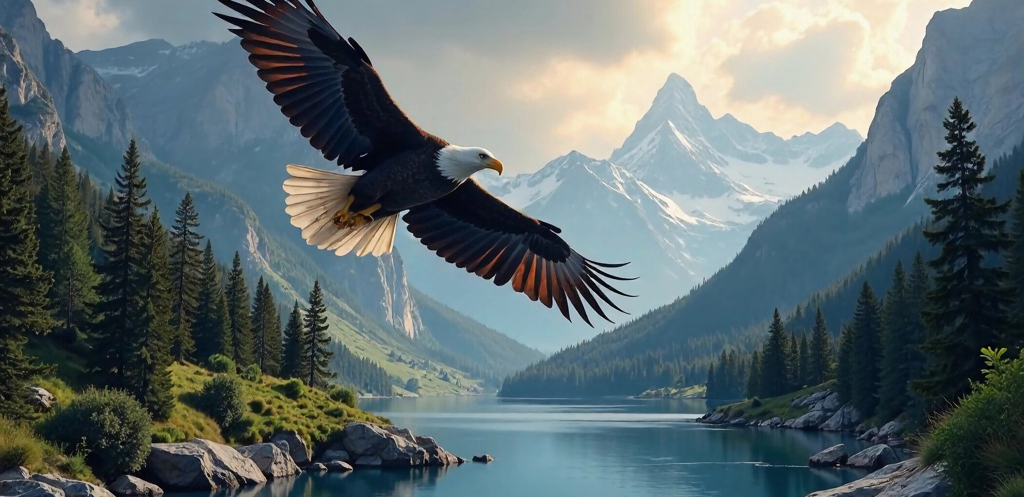   American bald eagle is flying over the mountain river