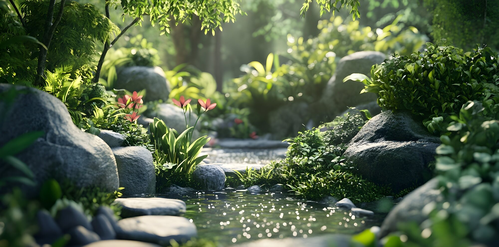 Ein kleiner Schritt   Lush Verdant Garden Oasis with Flourishing Foliage and Serene Pond