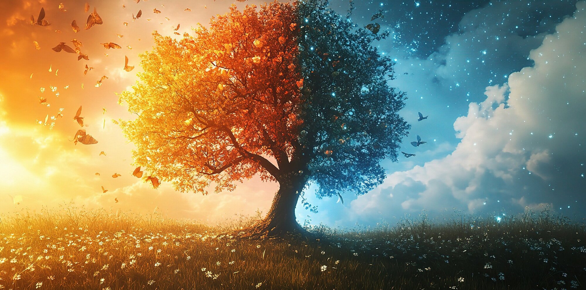 Fernheilung   The Duality of Time:  A majestic tree stands at the threshold of day and night, its branches ablaze with the fiery hues of sunset and the cool shimmer of starlight